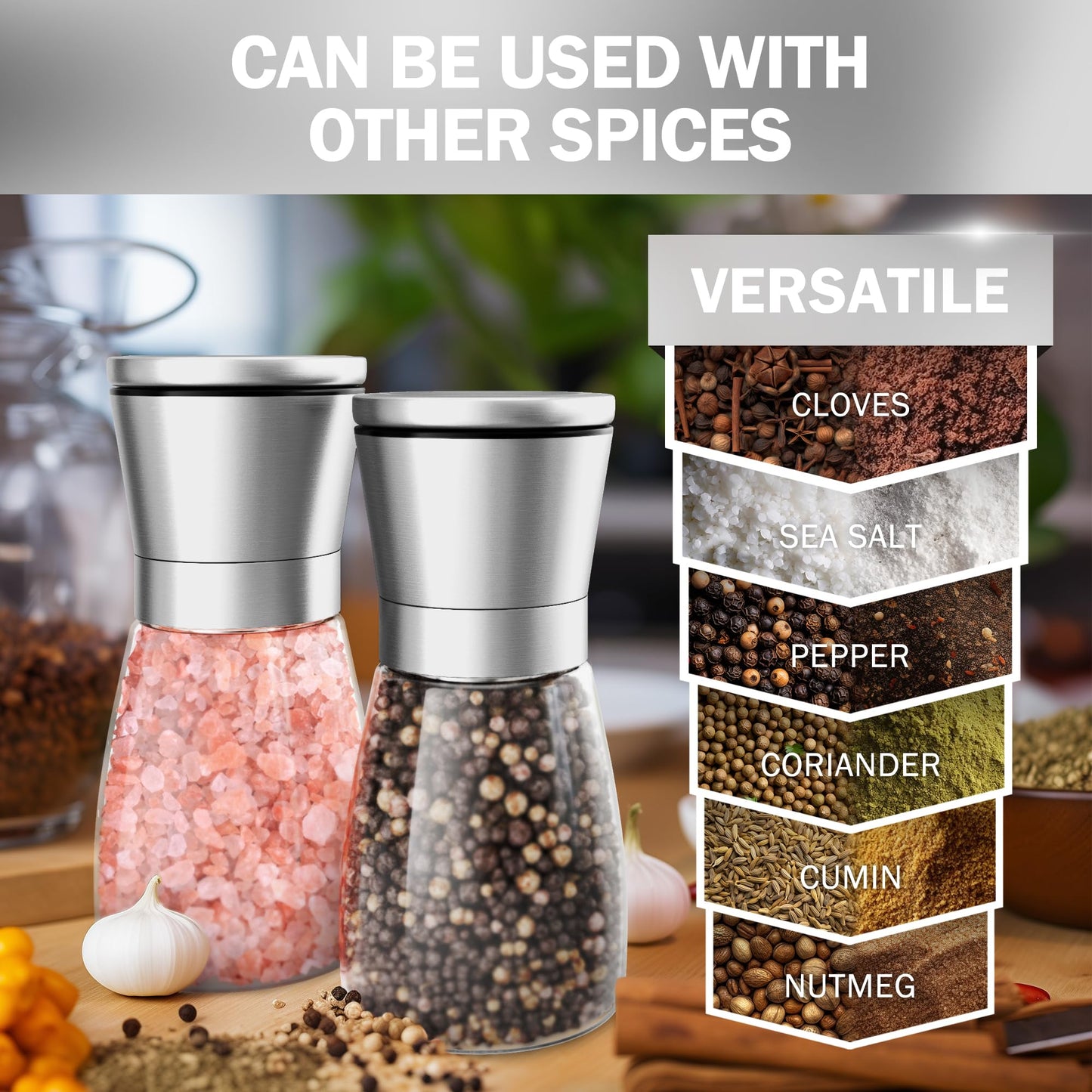 Home EC Original Stainless Steel Sea Salt and Pepper Grinder Set of 4 - Adjustable Ceramic - Glass Salt and Pepper Shakers Mills - Modern Kitchen Spice Mill W/Funnel & EBook