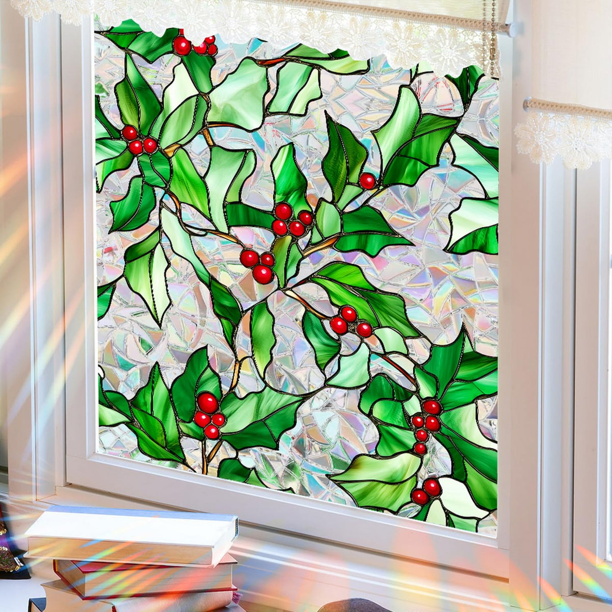 Christmas Window Film Christmas Green Window Clings DIY Glass Art Decoration Xmas Red Berry Designs Privacy Film Stained Glass Window Film Windows Sticker for Holiday Bedroom Door Decor