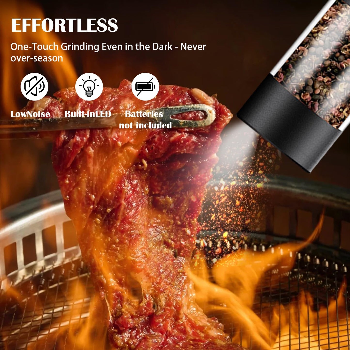 Electric Salt and Pepper Grinder Set - Automatic One-Handed Battery Operated Mill for Steak, BBQ & Meal Prep - Adjustable Coarseness Ceramic Grinder with LED Light & Brush - Essential Kitchen Gift