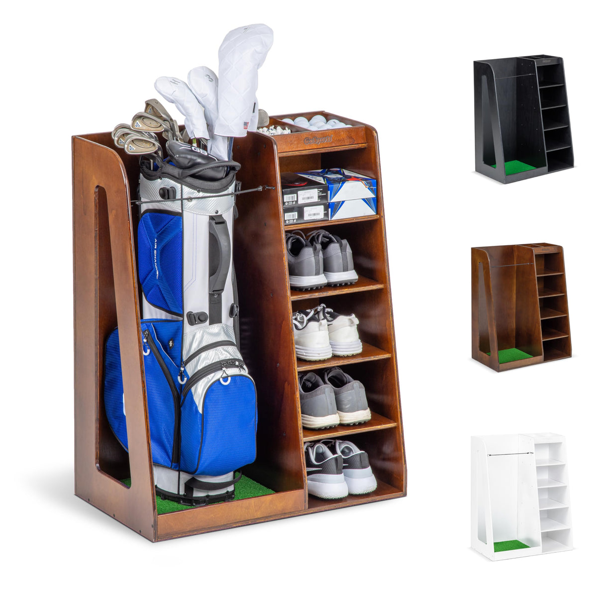 GoSports Premium Wooden Golf Bag Organizer and Storage Rack - Choose Your Style