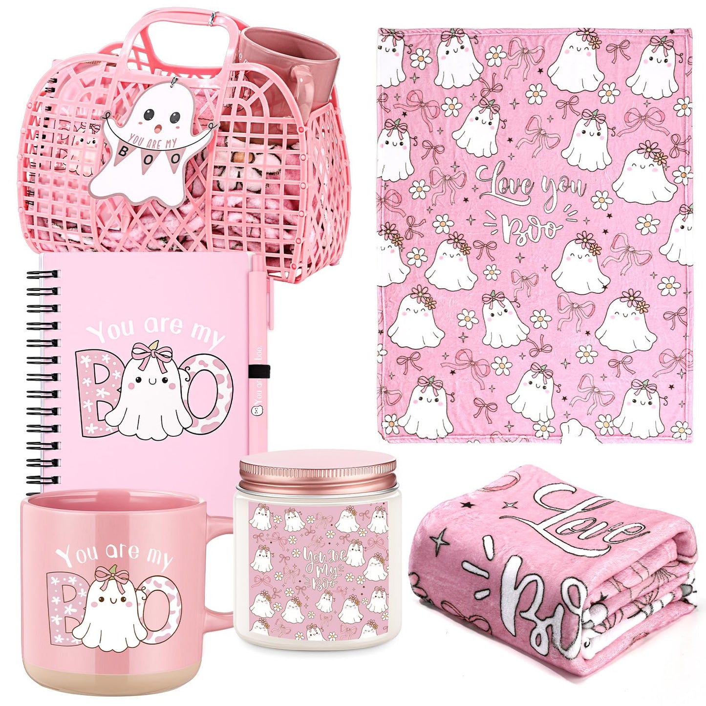 Roshtia 1 Set 7pcs Valentines You're My Boo Basket Gifts for Girlfriend You're My Boo Pink Ghost Handbag Throw Blanket Coffee Mug Candle Jar Spiral Journal Pen Card(Halloween)
