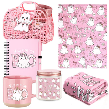 Roshtia 1 Set 7pcs Valentines You're My Boo Basket Gifts for Girlfriend You're My Boo Pink Ghost Handbag Throw Blanket Coffee Mug Candle Jar Spiral Journal Pen Card(Halloween)