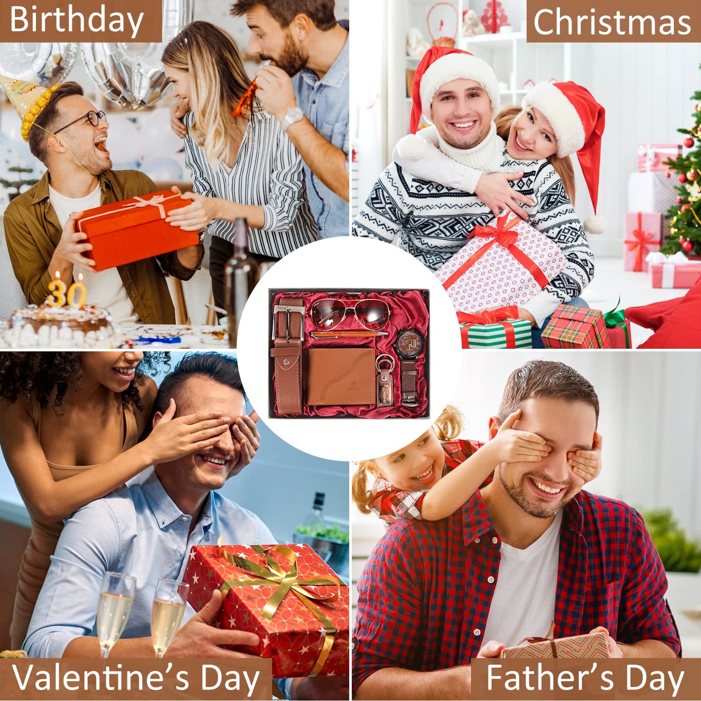 Baojulong 6pcs Men's Gift Set with Box Brown Leather Belt Wallet Watch Glasses Keychain Ballpoint Pen Gifts for Men, Valentines Day Gifts for Him