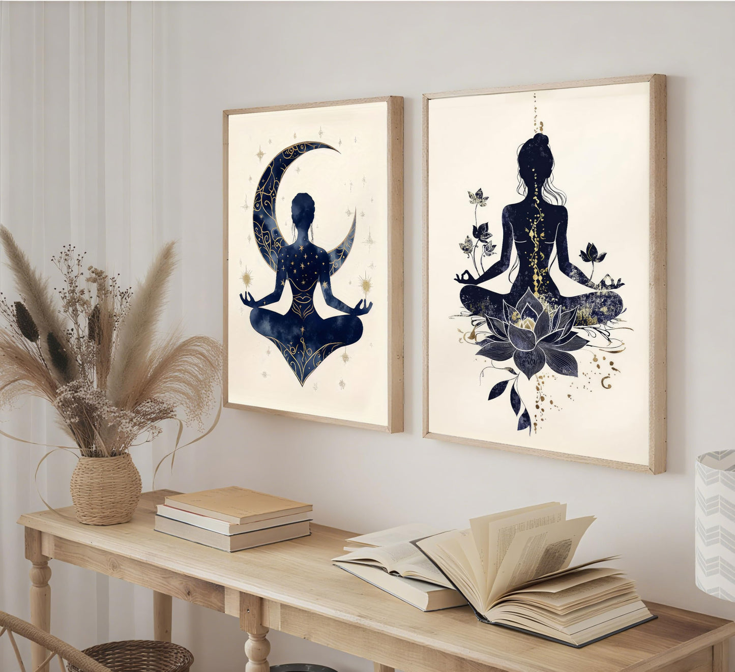 QGJQCFY 2Pcs Celestial Yoga Lotus Moon Canvas Wall Art