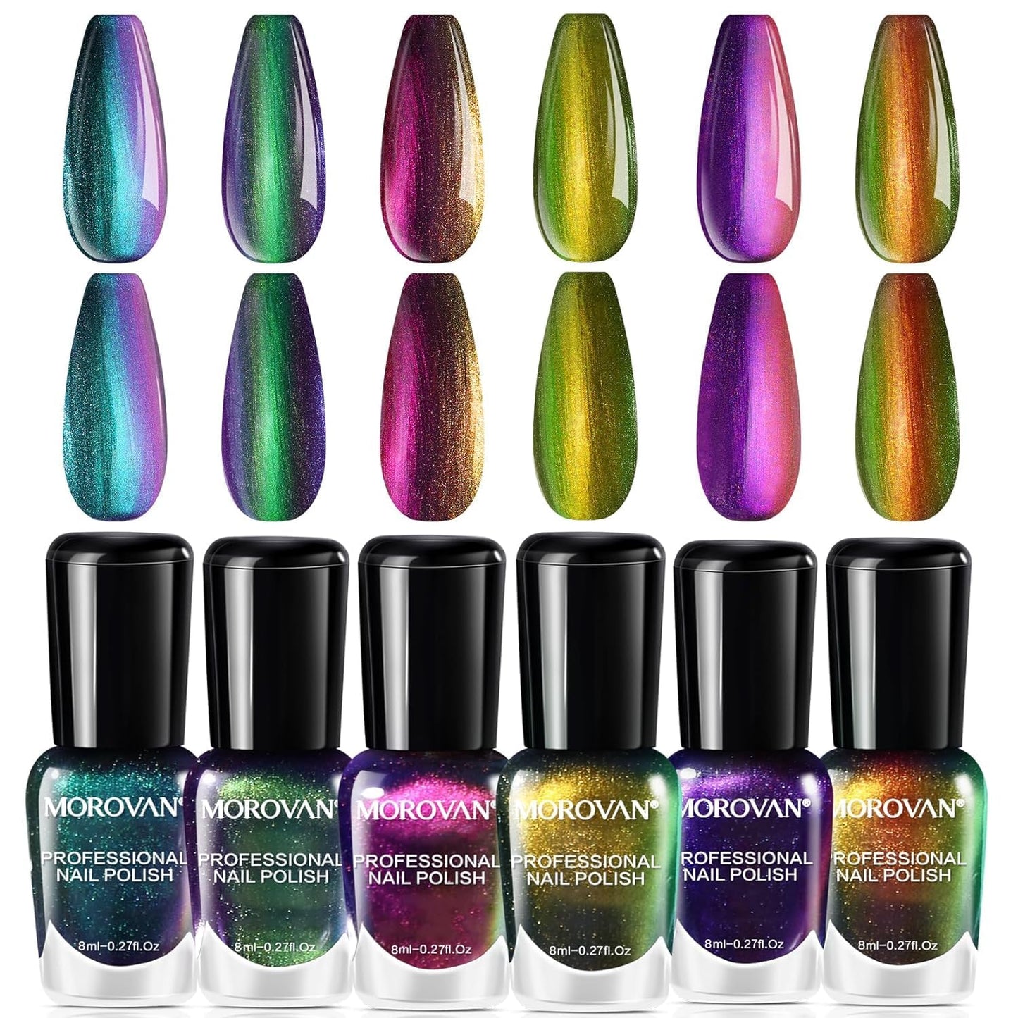 Morovan Fingernail Nail Polish Set: Holographic Metallic Lacquer Air Dry Nail Polish Regular Nail Pack 0.27oz Glitter Finger Nail Bulk Toenail Polish Kit Halloween Fall Gift for Women