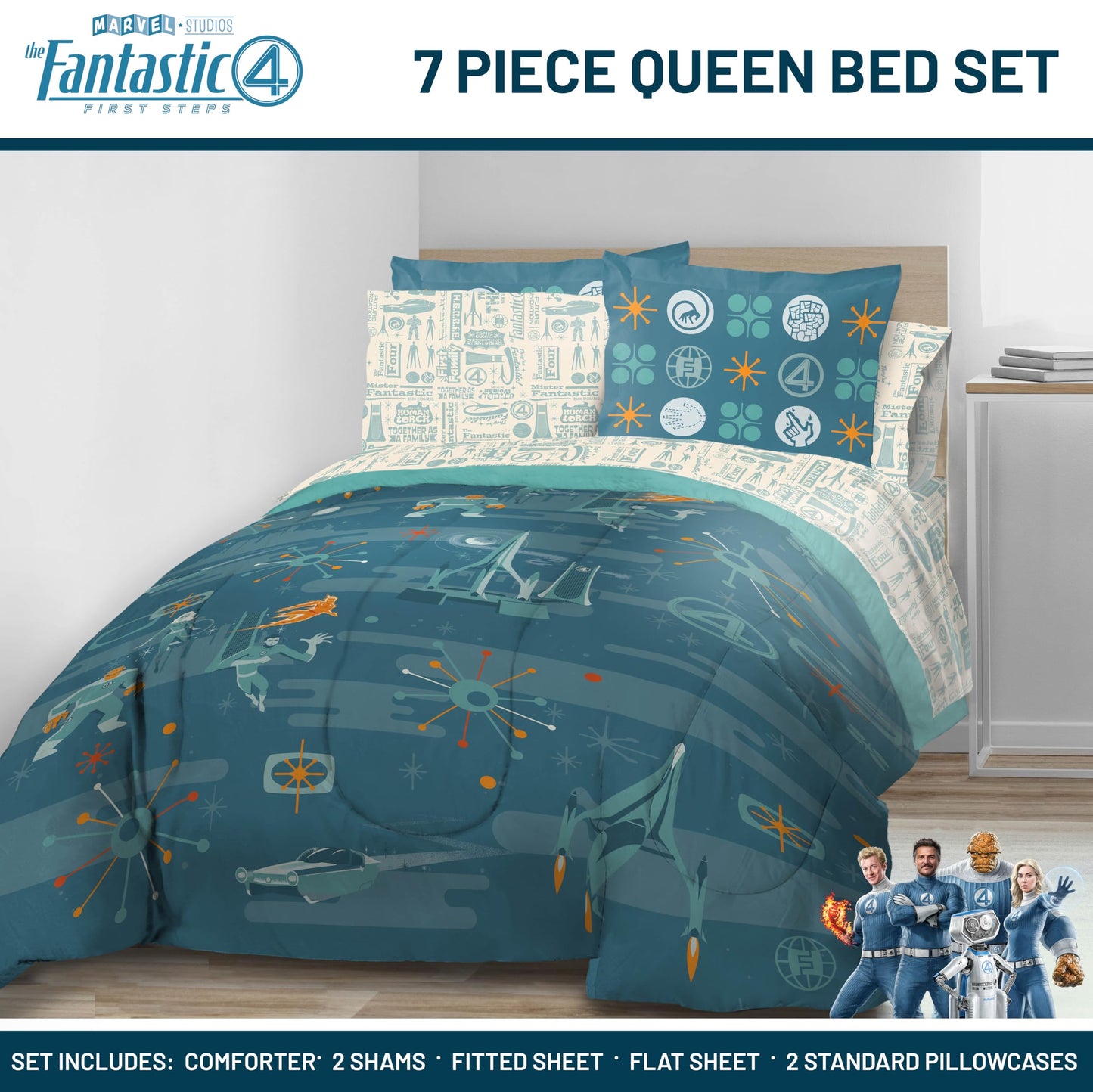 Jay Franco Kids Bed Set, Blue, The Fantastic Four, 7 Piece Queen