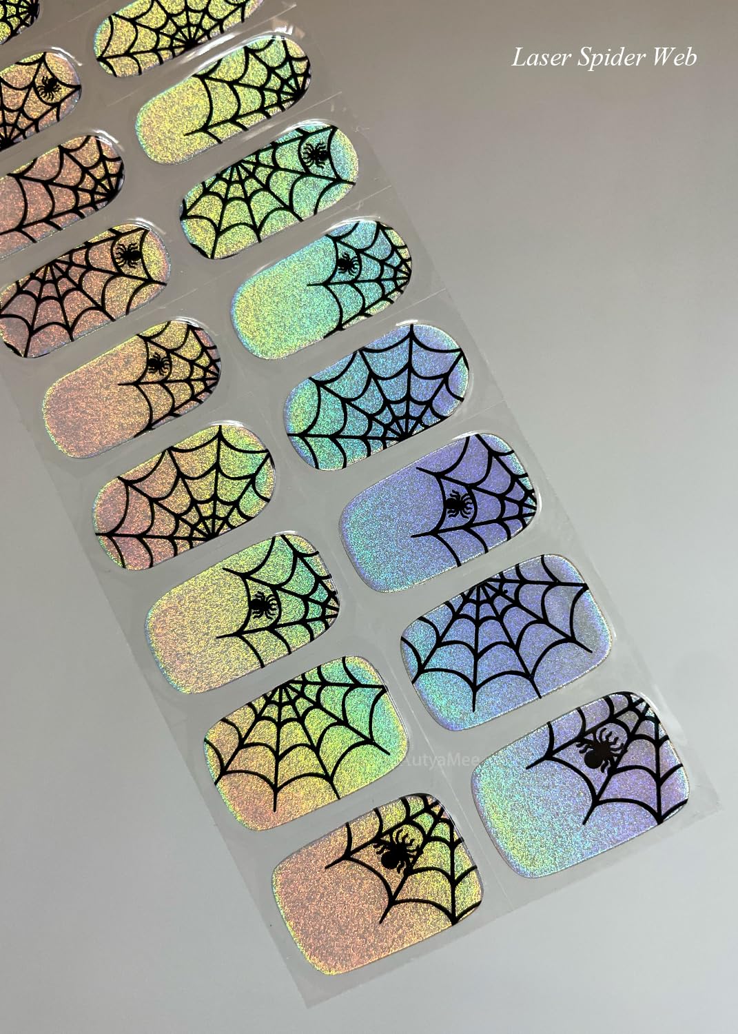 AutyaMee Semi Cured Gel Nail Strips (Laser Spider Web), Halloween, 20 Pcs Gel Nail Wraps, Stickers, UV Light Required, Salon Quality, Long Lasting