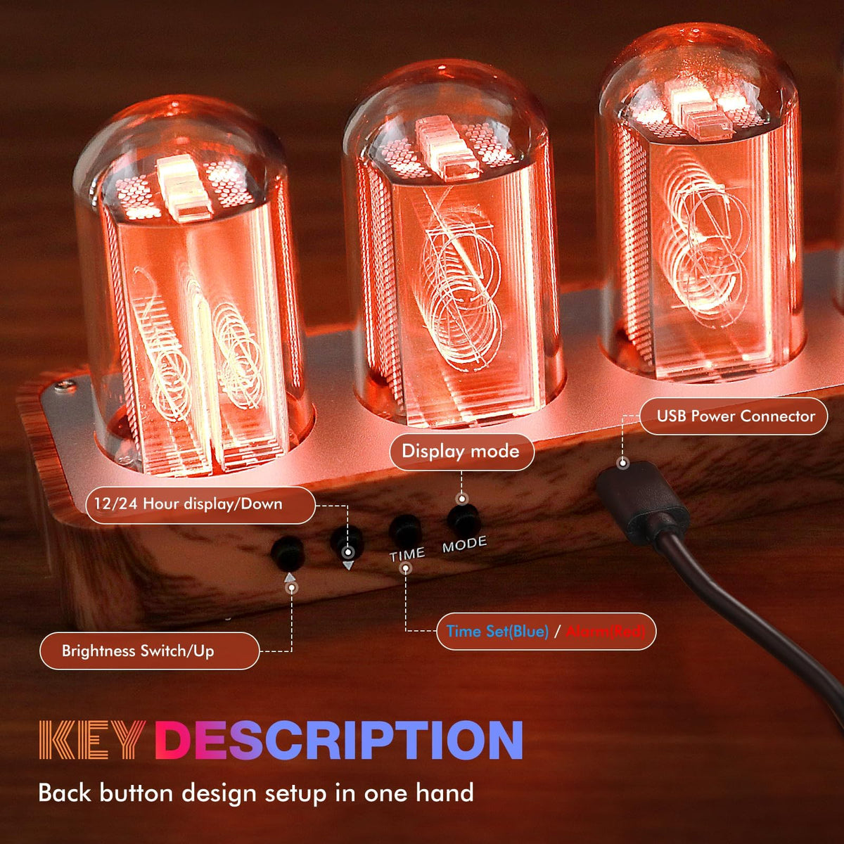 ClocTeck Nixie Tube Clock with Wi-Fi SYNC, Alarm & Timer, 12/24H Display, No Assembly Required - A Retro Gift for Friends (Wood Grain)