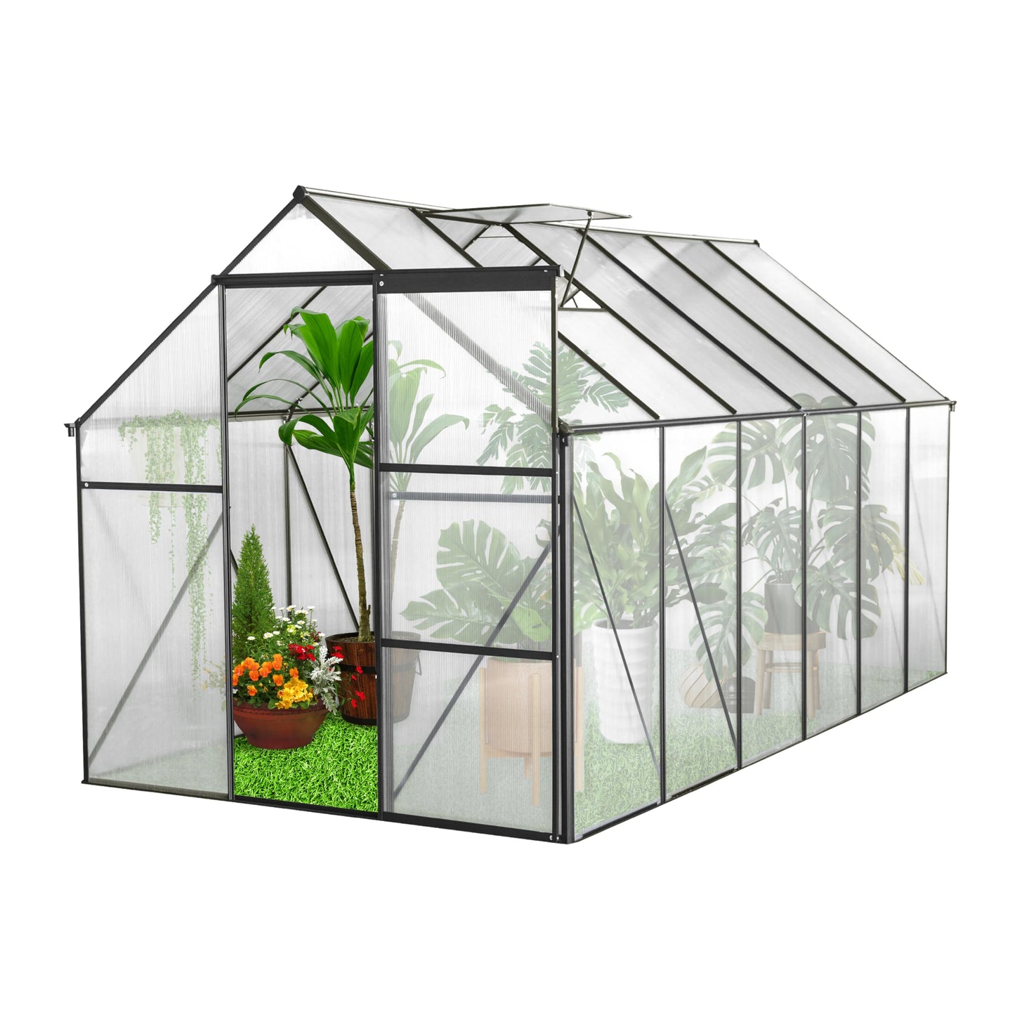 Jintop 6x12 FT Polycarbonate Greenhouse with Raised Base and Anchor Aluminum,Heavy Duty Walk-in Green Houses,w/ Drainage System & Adjustable Roof/Sliding Door,for Outdoor Backyard,Black