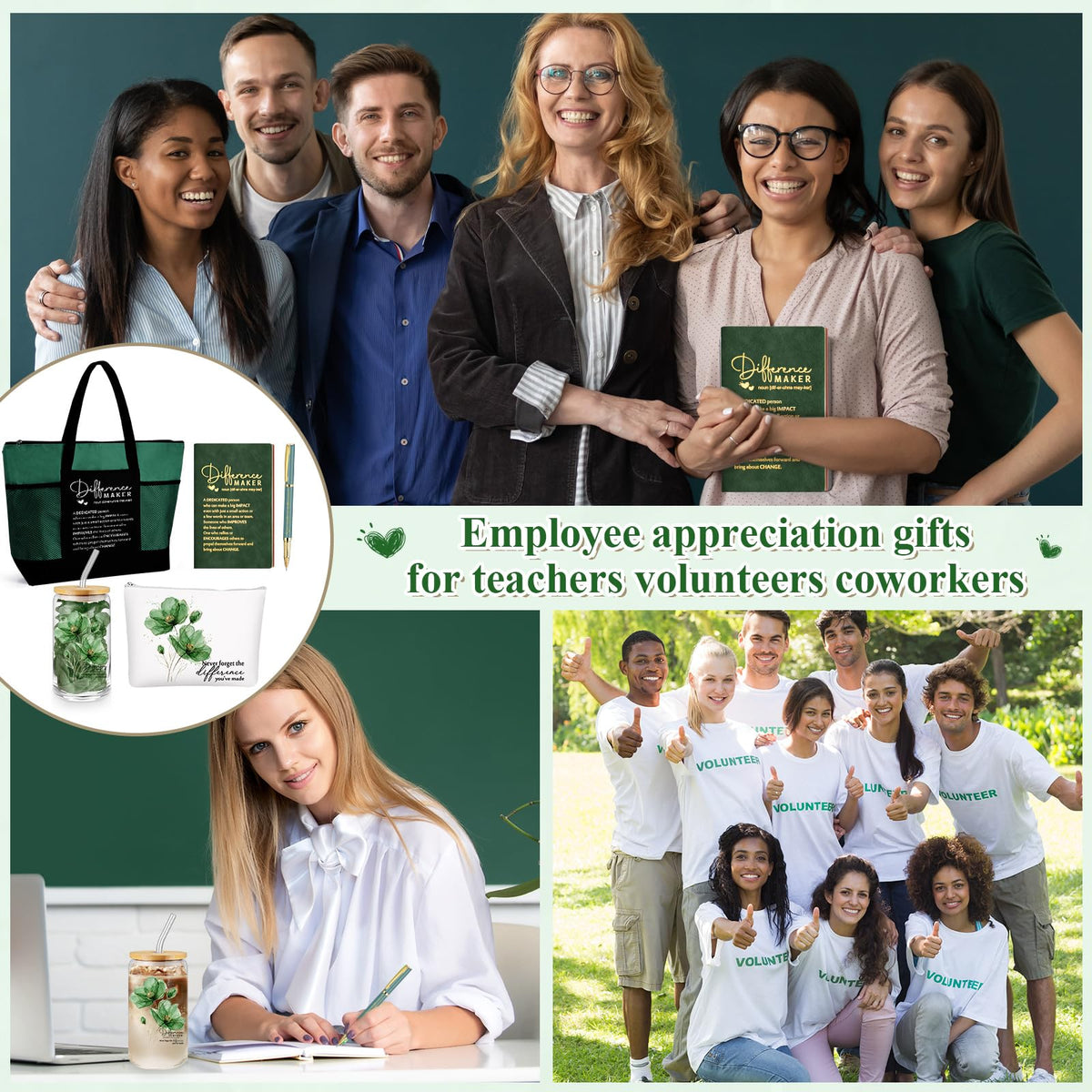 Meanplan 5 Pcs Difference Maker Gifts for Women Employee Appreciation Journal Tumbler Tote Bag Makeup Bag You Make a Difference Pen for Volunteer Nurse Coworker Lab Week Mother Day(Green,Flowers)