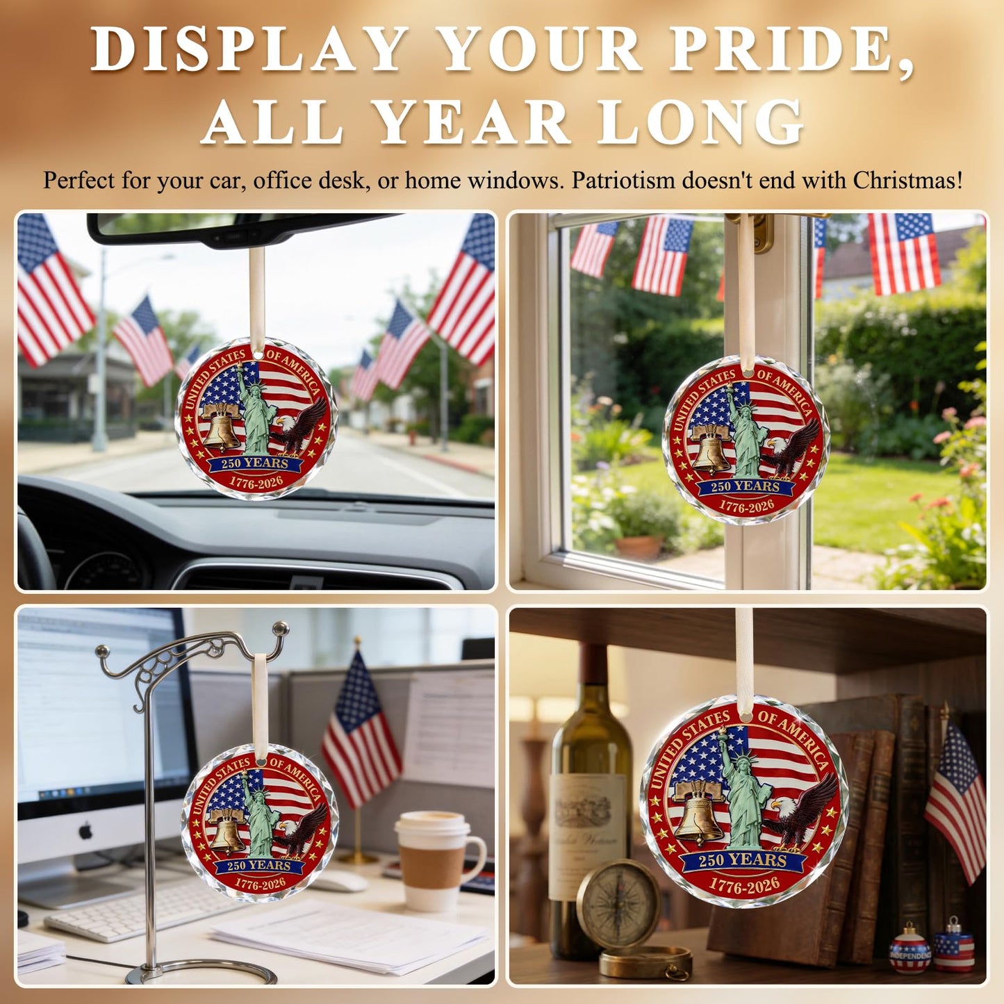 250 Anniversary USA Ornament for 4th of July Tree Decorations - Crystal Glass Patriotic Christmas Ornaments - 1776-2026 Bald Eagle Statue of Liberty Bell Keepsake - Independence Day Souvenir Gifts