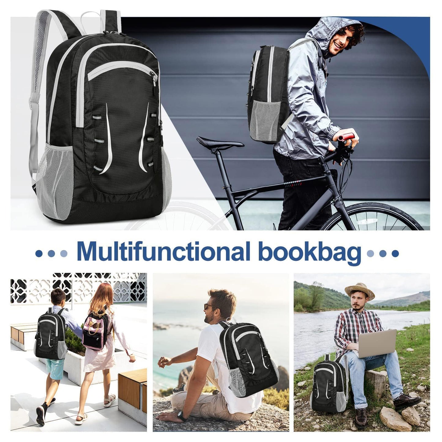 Alitifiy Lightweight Foldable Backpacks, 30L Packable Waterproof Small Hiking Bags & Packs Knapsack Daypack Handy for Men Women Ladies Kids Travel Camping Outdoor Rucksack Bag Pack (Black Grey)