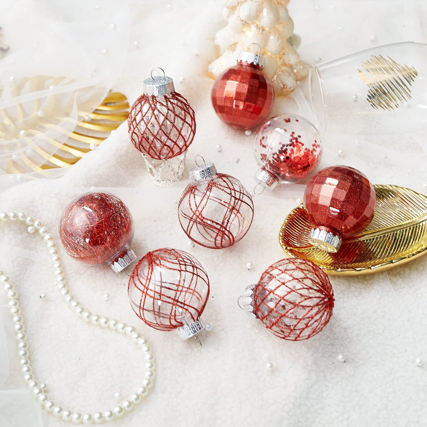 CristBest 30ct Christmas Ball Ornaments-60mm/2.36" Shatterproof Clear Plastic Xmas Balls Baubles Set with Stuffed Delicate Sparkling, Hanging Christmas Tree Decorations (Red)