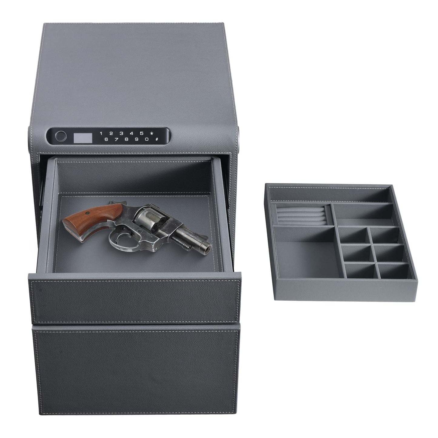 VALINIRT Jewelry Safe with Drawers，Biometric Fingerprint safe, Slide-Away Handgun Safe for Pistols, Leather Wrapped Jewelry Storage Safe, Digital Keypad & Quick-Access Drawer (Grey- 2 Drawer)