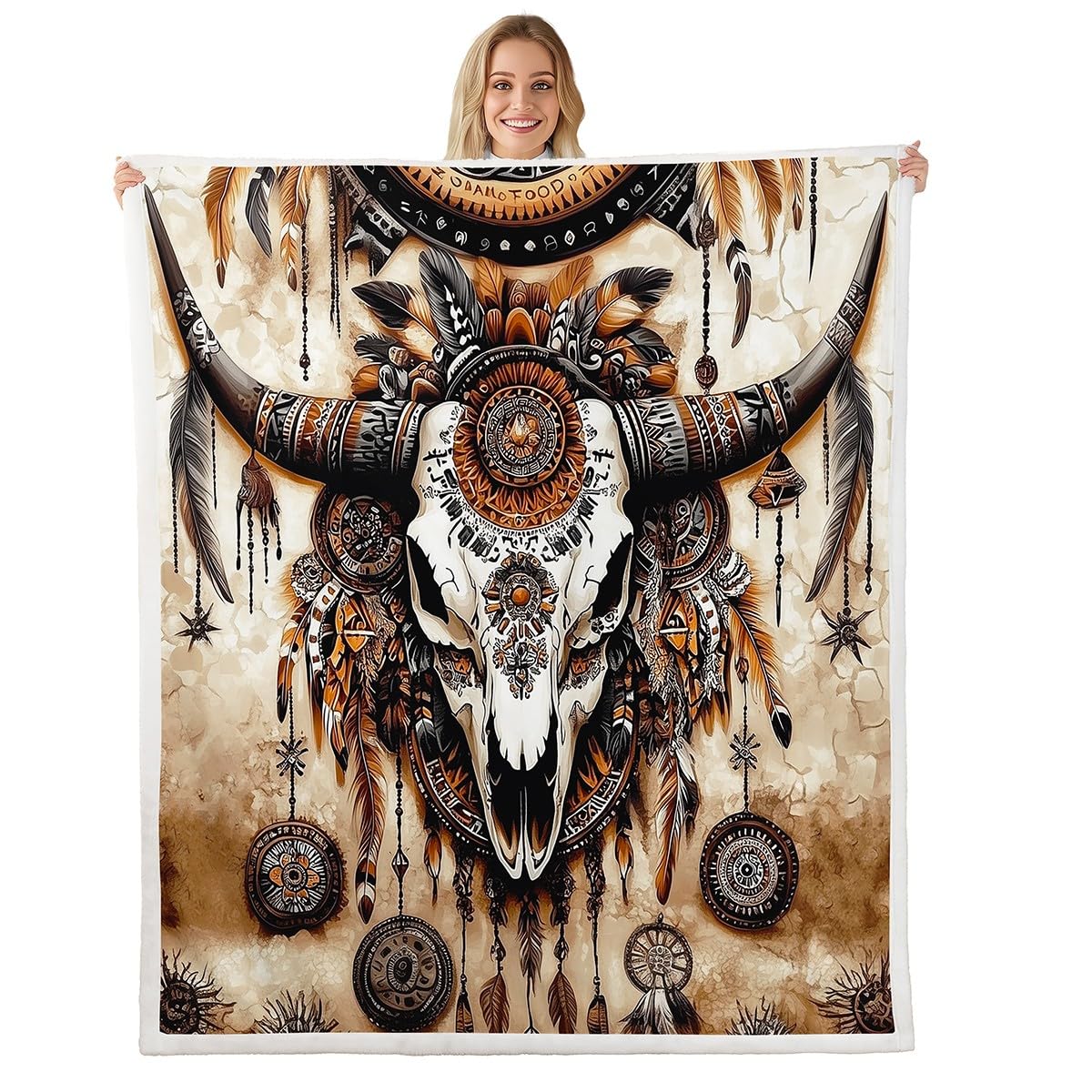 Longhorn Skull Fleece Blanket Gothic Sherpa Blanket 90"x90", Ethnic Tribal Southwestern Western Exotic Native American Fuzzy Plush Throw