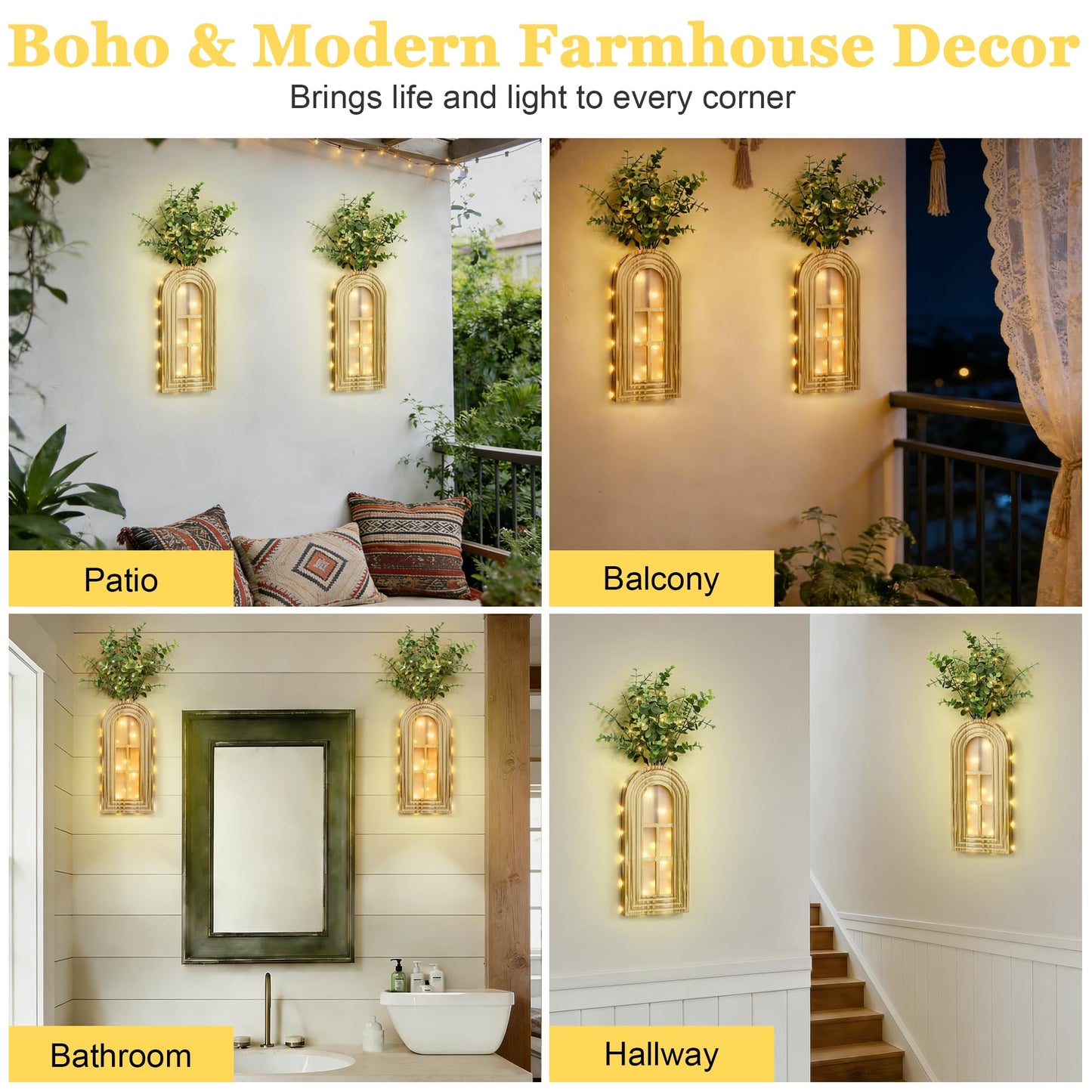 HOMECOR Hanging Wooden Vase Wall Decor - Brown Finish Boho & Modern Farmhouse Decor with Fairy Lights & Artificial Plants, Wall Art for Living Room, Bedroom, Bathroom Mothers Day Home Decor Gift