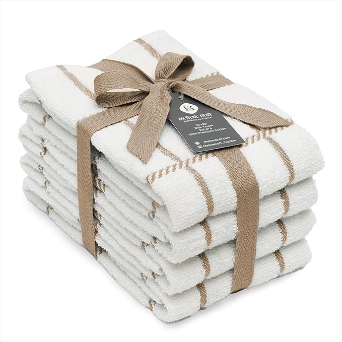 100% Cotton Terry Dish Towels, 4 Pack Checks, 16 x26 Inches, Super Soft and