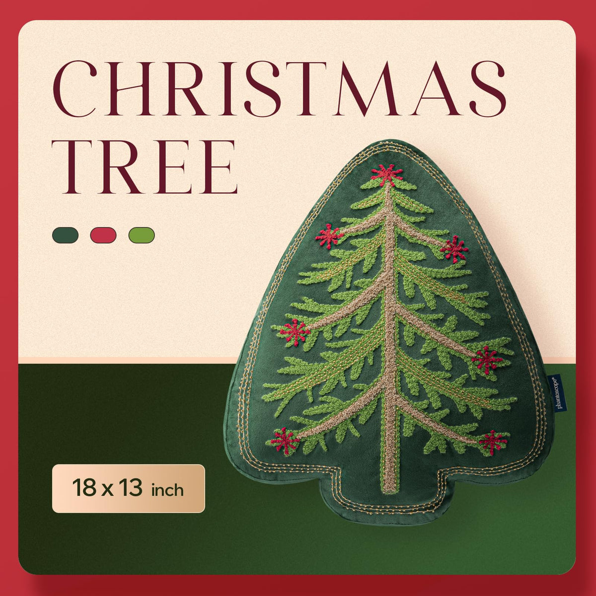 Phantoscope Merry Christmas Tree Decorative Throw Pillow, Velvet Beads Embroidery 3D Shaped Cushion, Green, 18 x 14 in