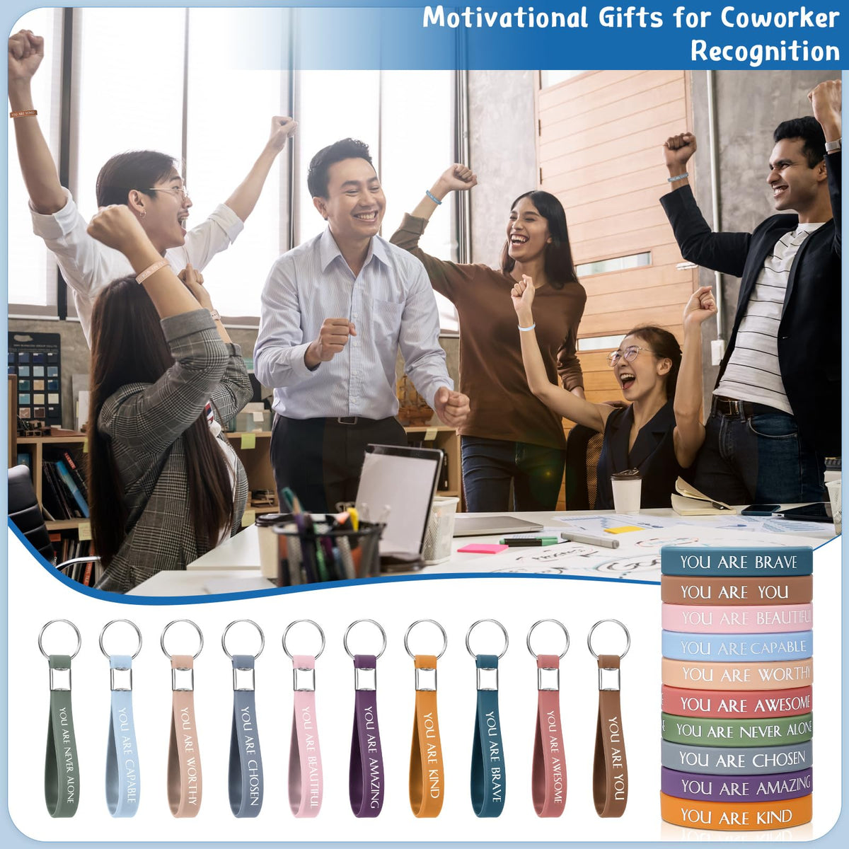 Sratte 120 Pcs Motivational Wristbands Employee Appreciation Gifts Inspirational Keychains for Coworkers Volunteer(Multi Colors)
