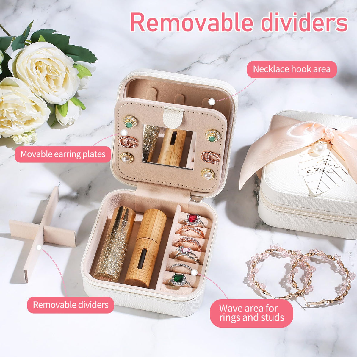AYGXU Travel Jewelry Case for Women, Girls, and Teens - Teacher Appreciation Gifts, Jewelry Organizer Box With Initial A, White