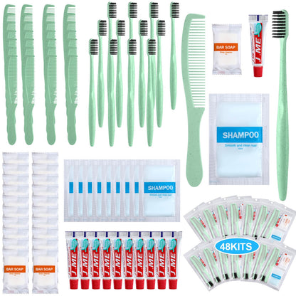 Hushee 48 Sets Personal Hygiene Kit Basic Toiletry Kit Homeless Care Package for Men Women Travel Charity Business Include Shampoo Toothbrush Toothpaste Comb and Bath(Light Green)