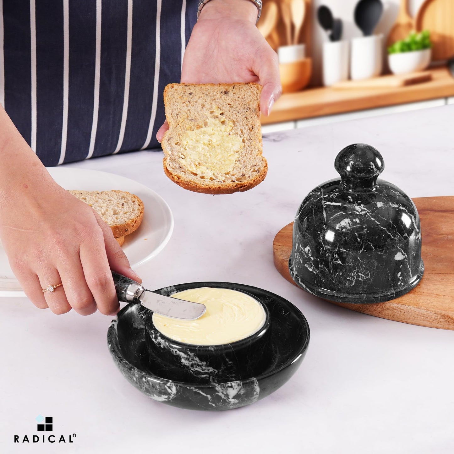 Radicaln Marble Butter Dish With Lid For Countertop 6" Inches Black Zebra Handmade Butter Spreader For Kitchen Accessories, Ideal Butter Crock for Butter & French Butter Holder