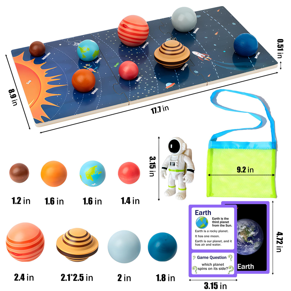 COOLDUCK 30 Pcs Wooden Solar System Model Board Toy Kit, Montessori Planet Balls Toys with Astronaut Figures, Preschool Learning Educational Puzzle, Space Knowledge Flash Cards Learning Toys for Kids