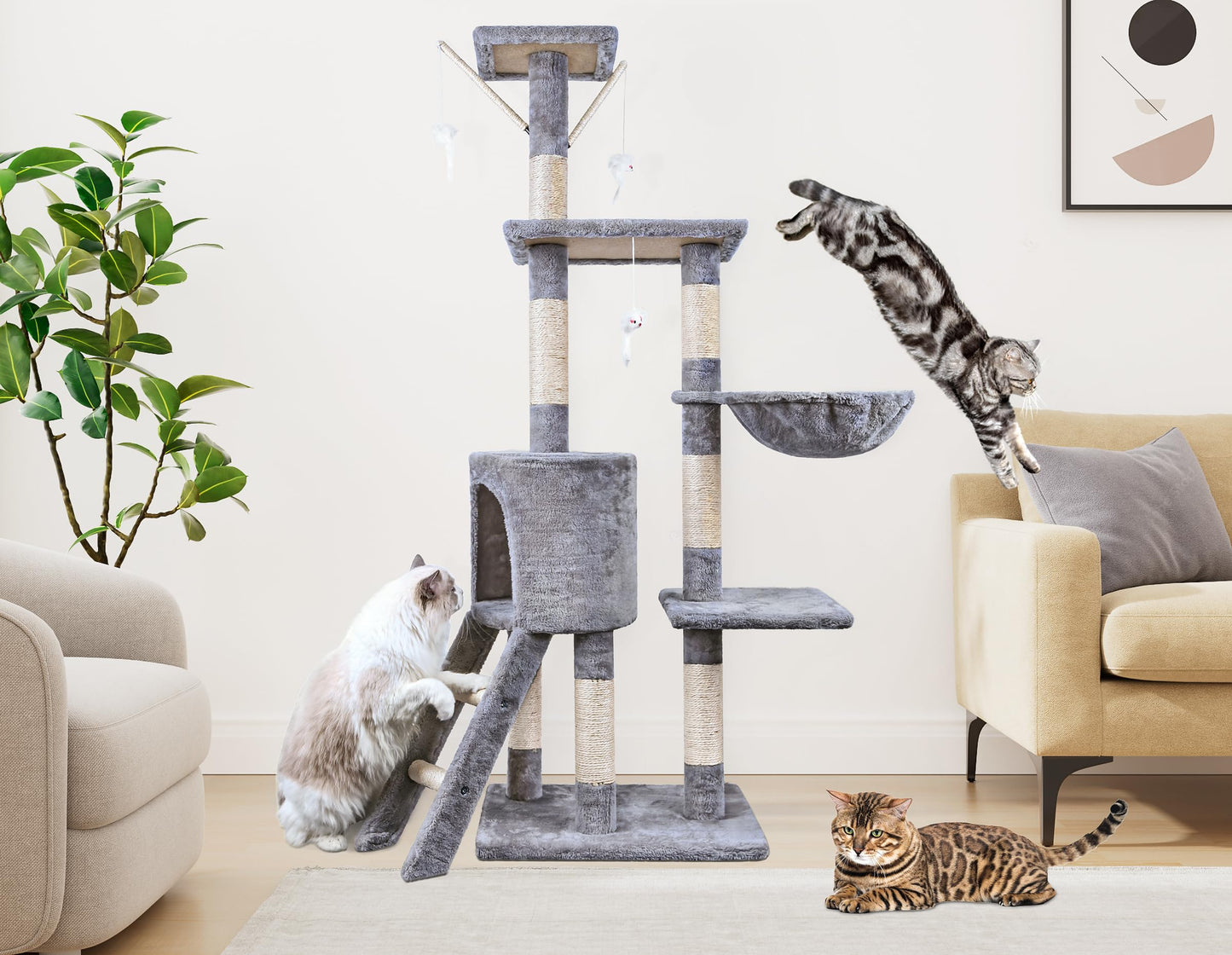 Cat Tree, 145cm Cat Scratching Post Multi-Level Stable Climbing Tower with Ladder, Indoor Pet Activity Furniture Play House for Kitty Kitten