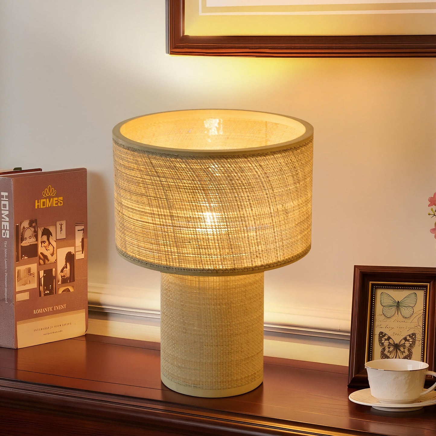 Booniture Handwoven Table Lamp, Boho Bedside Lamp with Linen Shade, Bamboo and Rattan Woven Desk Lamp for Bedroom Living Room Nightstand