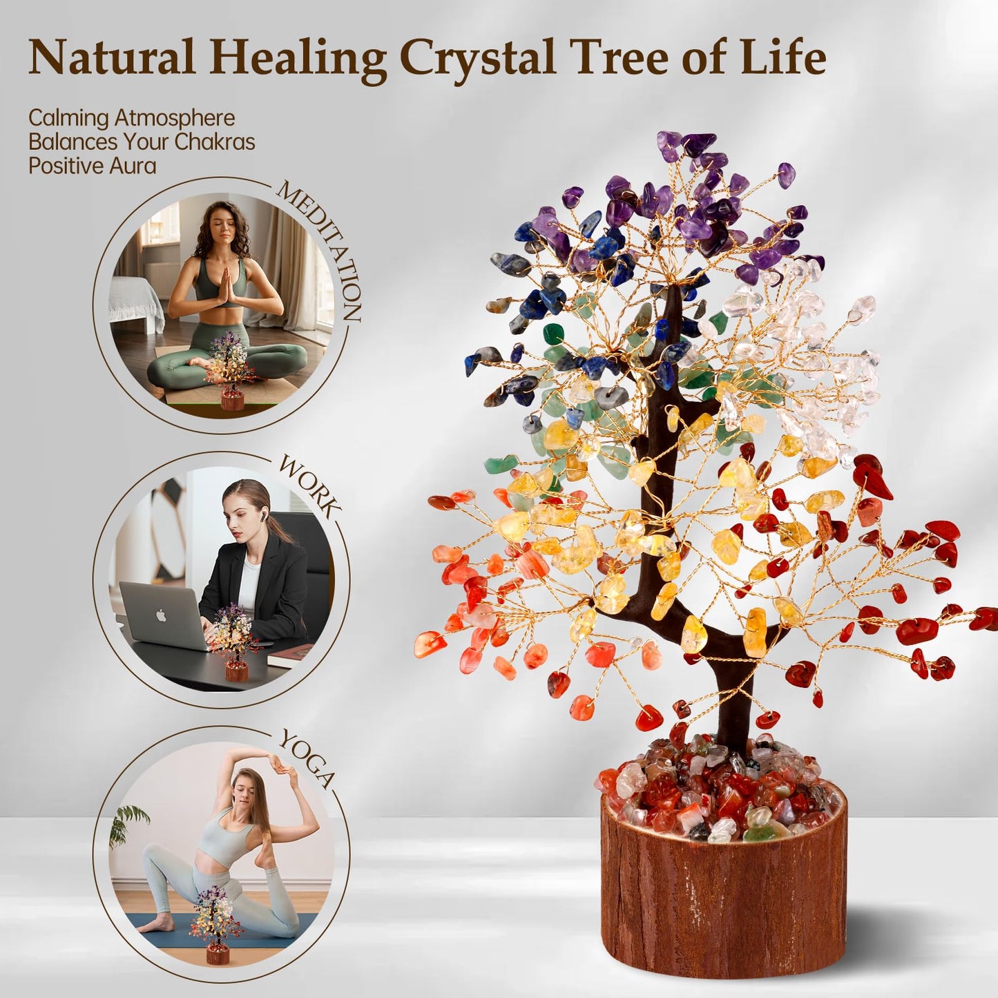 Hazms 7 Chakra Crystal Tree of Life - 8.7 Inches Healing Crystal Tree and 7 Crystals Office and Home Decor Positive Energy Seven Chakra Trees and Healing Stones Spiritual Birthday Gifts for Women