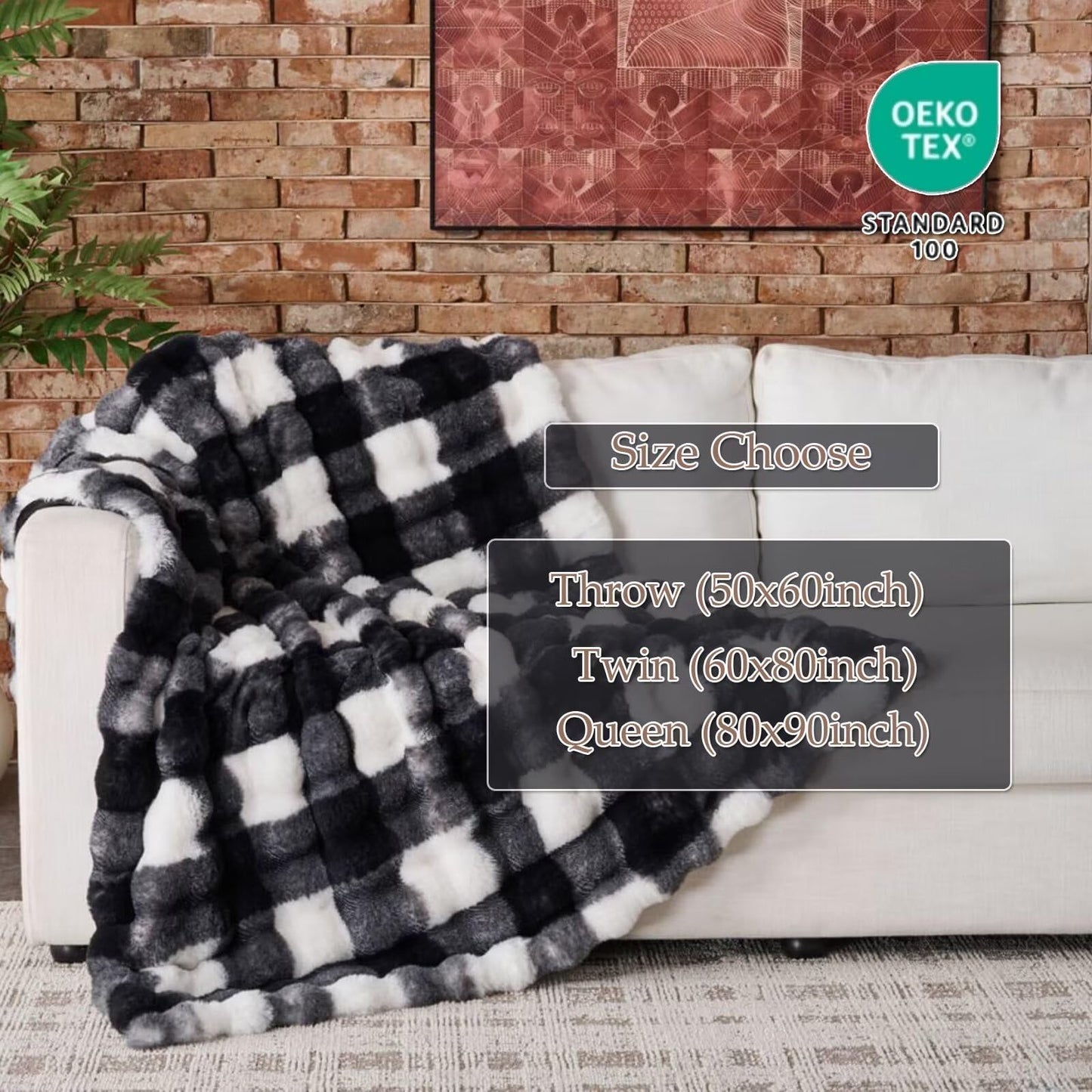 760GSM Faux Rabbit Faux Fur Throw Blanket,Super Thick Warm Bubble Blanket Throw,Fuzzy Luxury Plush Decorative Blanket for Couch Bed Sofa(Checkerboard Print in Black/White,50''x 60'')