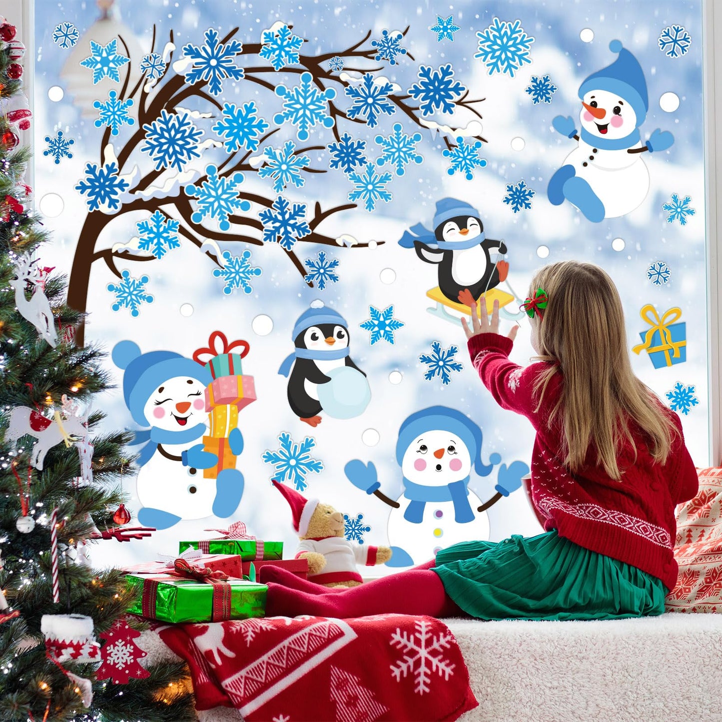 Whaline 6 Sheet Large Winter Window Clings Christmas Snowflake Tree Snowman Penguin Reusable Window Decals for Xmas Party Home Glass Decor (Blue)