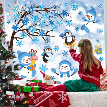 Whaline 6 Sheet Large Winter Window Clings Christmas Snowflake Tree Snowman Penguin Reusable Window Decals for Xmas Party Home Glass Decor (Blue)