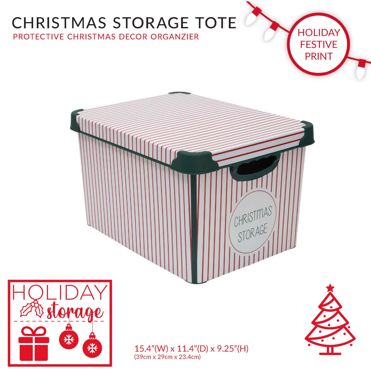 Simplify Christmas Stripe Design Holiday Tote Bin Ornament Storage | Holds 60 Ornaments | Removeable Lid | Easy Carry Handles | Christmas Storage | Green