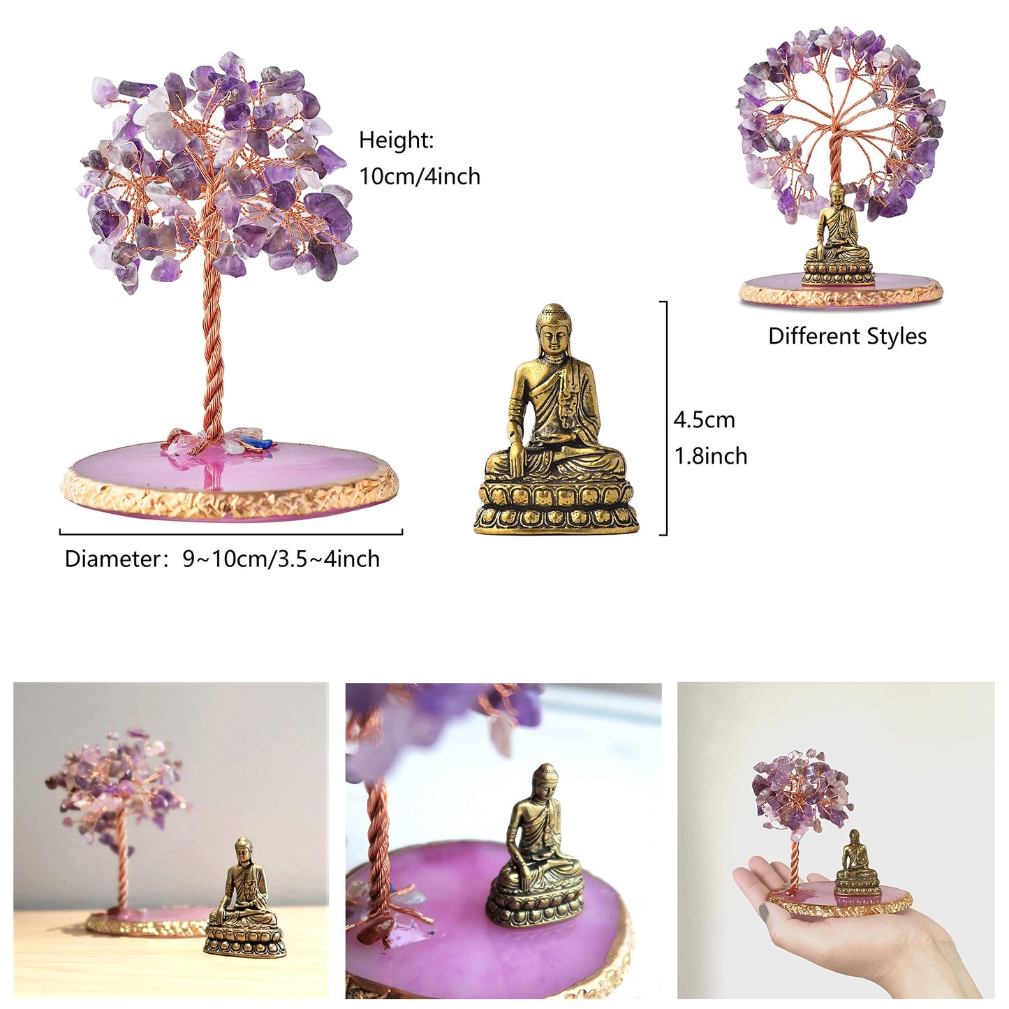 CRUCISRESIN Buddha Statue with Healing Crystal Tree, Tree of Life for Positive Energy. Home Decor Yoga Meditation. Amethyst.(A)