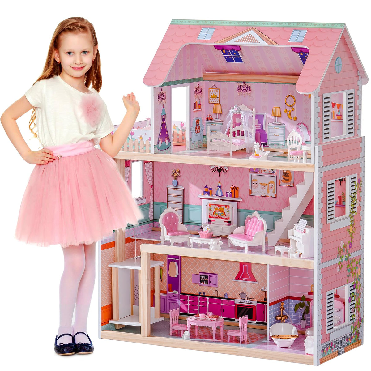 ROBUD Wooden Dollhouse, Doll House Playset with 24-pcs Exquisite Accessories, Working Elevator, Gift for Ages 3+