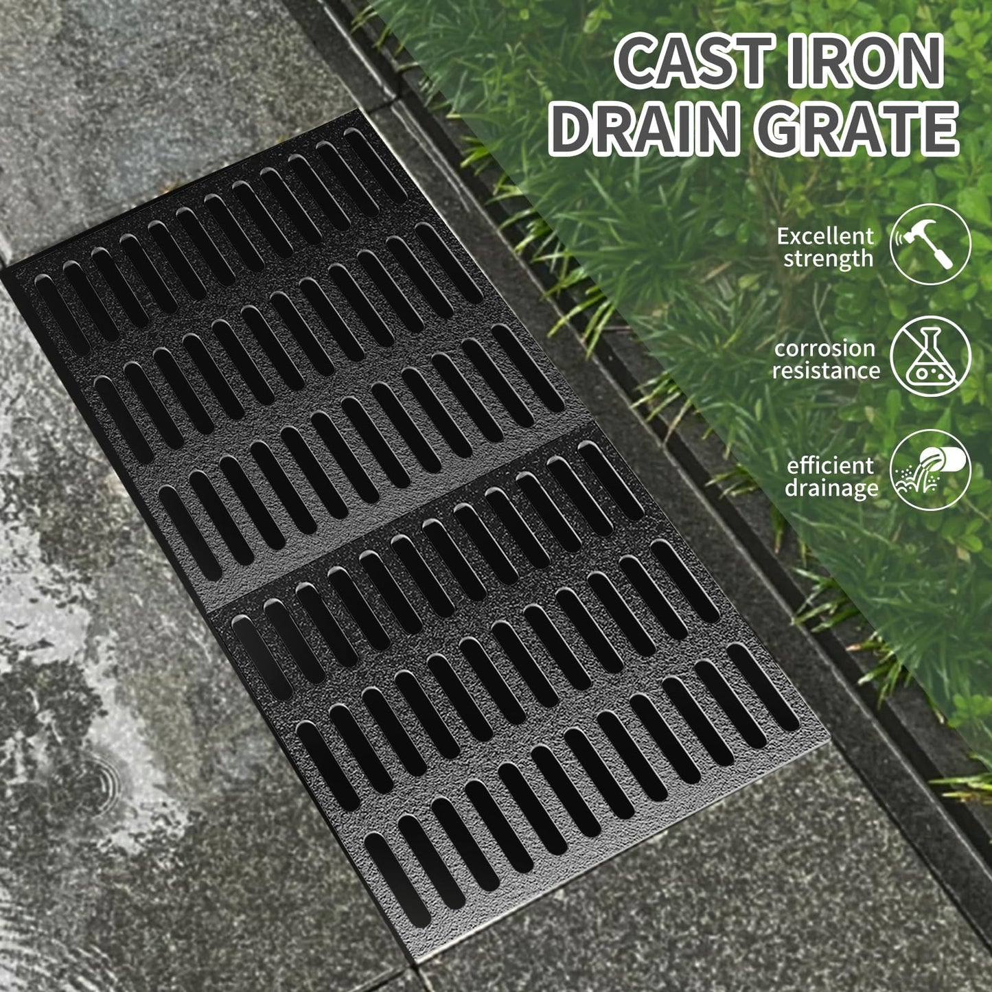 Cast Iron Drain Grate, 24in*16in Heavy Duty Outdoor Drain Cover, B125 Class Channel Grate, Metal Sewer Grate, Black Square Drainage Grate for Concrete Floor, Yard, Driveway & Garage.