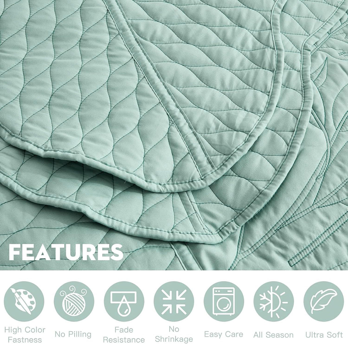 DaisyHuang Botanical Oversized Bedspread Queen Size - Leaves Pattern Stitching Quilt Set - Elegant & Fresh Style Bedding Coverlets, Reversible, Lightweight, 5 Piece, Seaglass