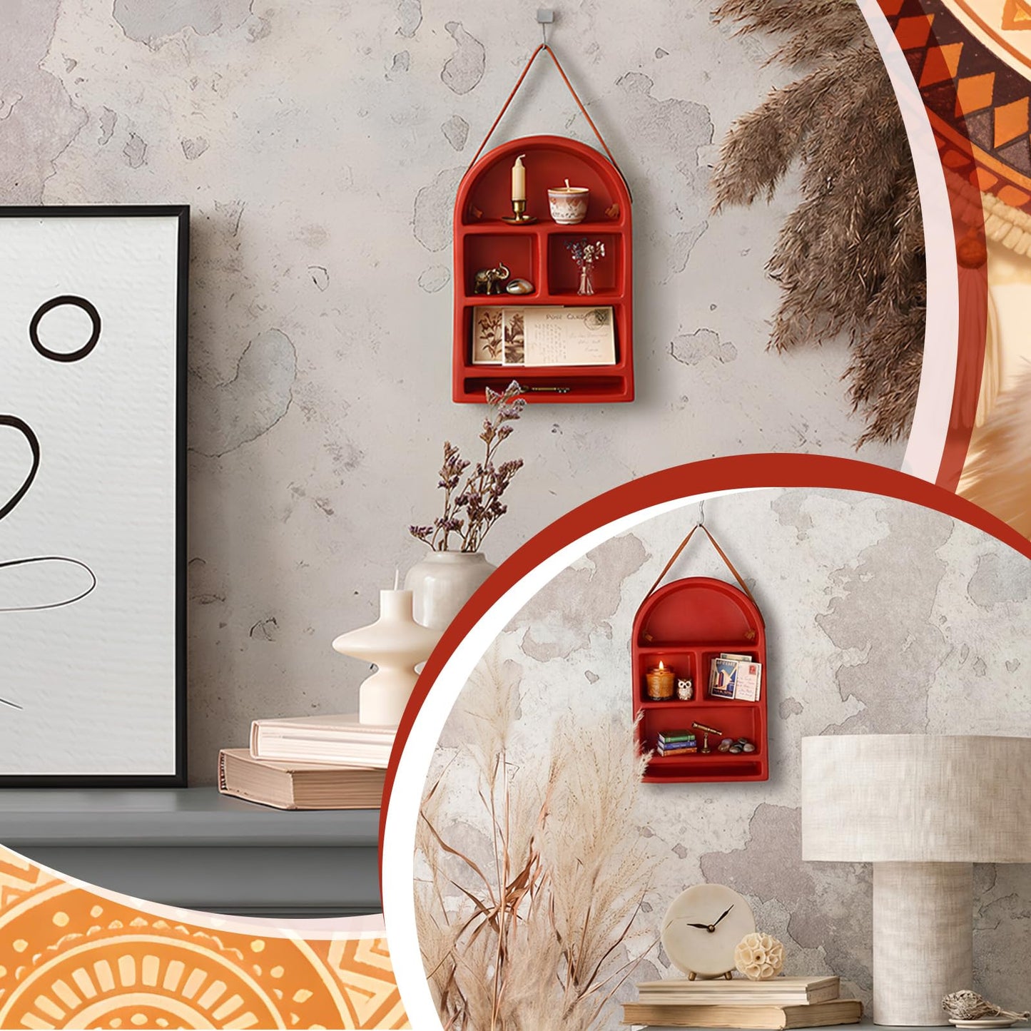 Ferrochef Nordic Arch Shelf 5.5 x 8.7 Inch Ceramic Arched Wall Cabinet Floating Wall Shelves with Hanging Rope for Miniature Display and Trinket Storage Shrine Home Decor(Terra Cotta)