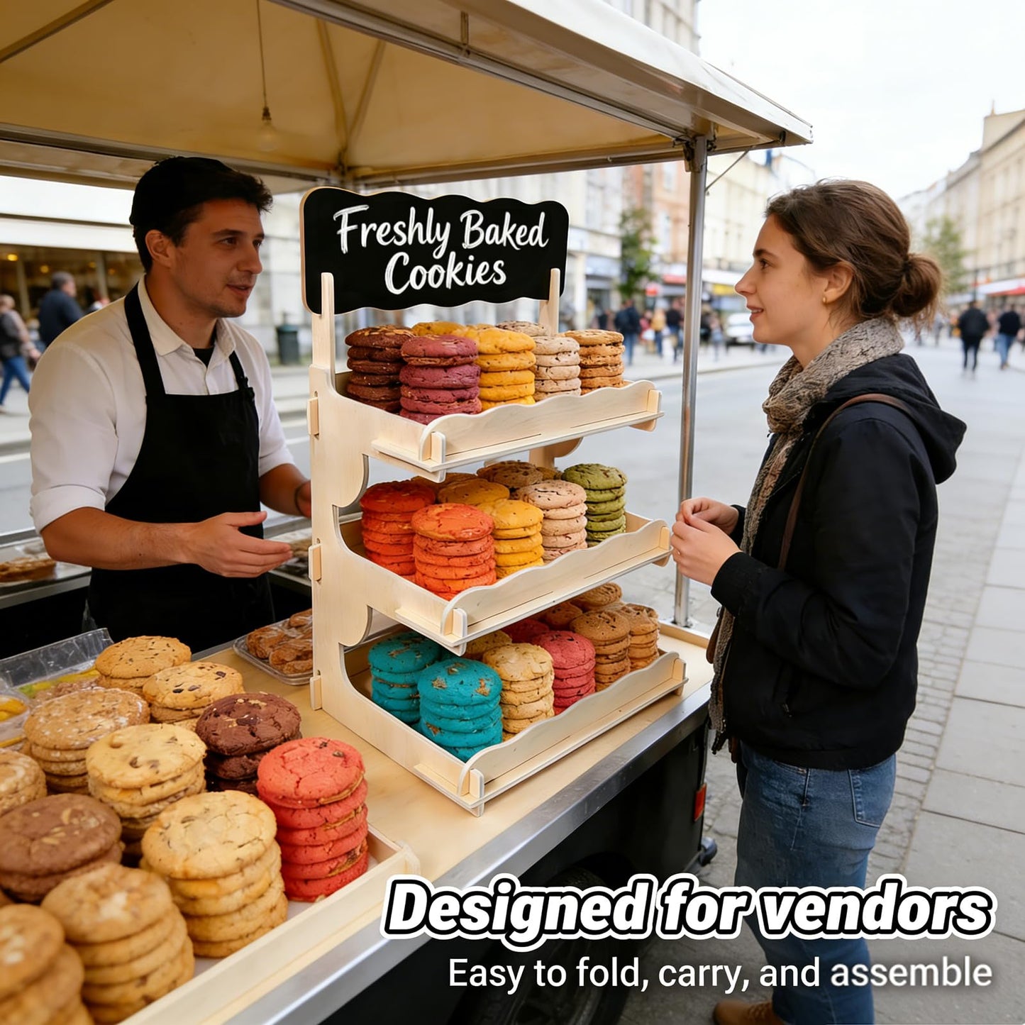 3-Tier Cookie Display Stand with Extra Tall 6.5” Between Tiers – Wooden Cookie Stand with Chalkboard Sign for Vendors, Bakers, Market & Craft Fairs – Holds More Cookies, Cupcakes, Muffins, Pastries