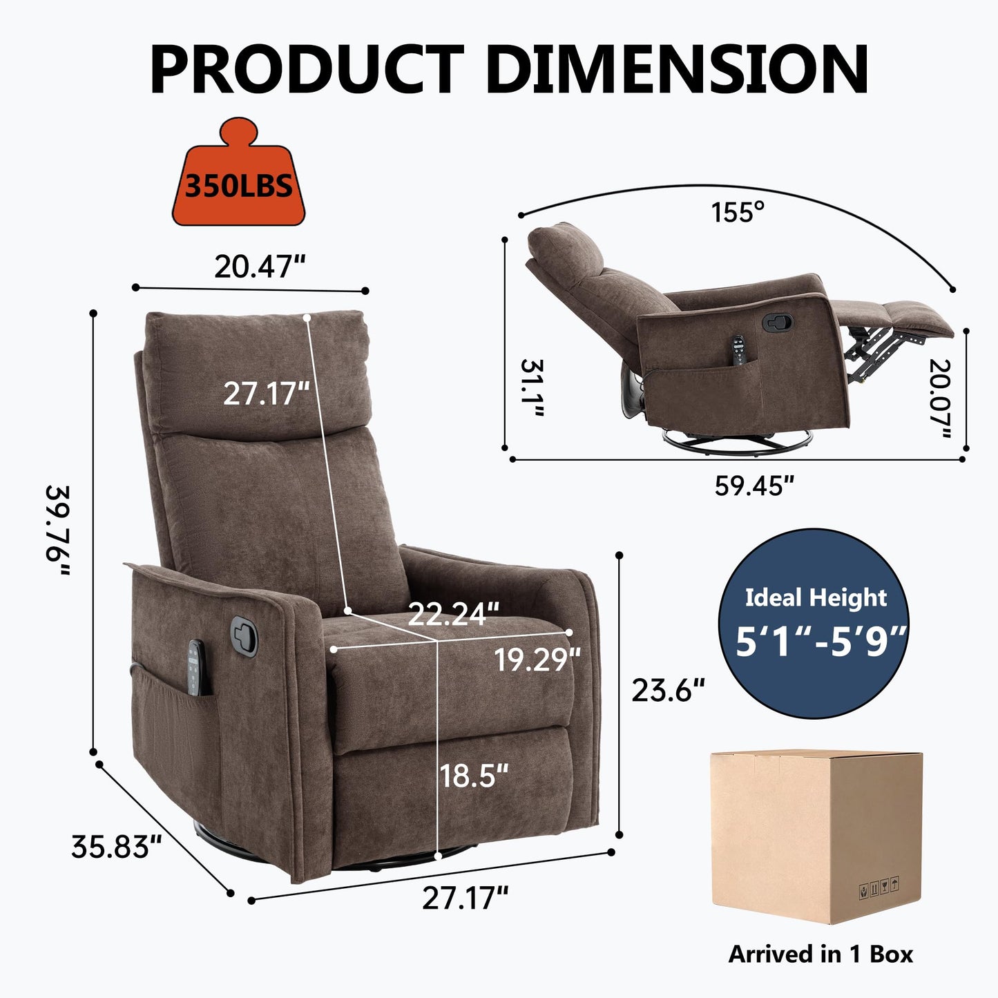 KEIKI Heat Massage Manual Recliner Chair with Rocker and Swivel, 360° Swivel 8-Point Massage Heat Classic Polyester Rocker for Living Room Family Gathering Space, Rich Traditional Brown