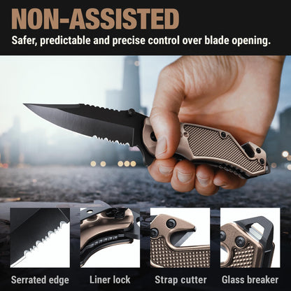 Legal Pocket Knife Coyote Tan - 2.95” Sharp Serrated Edge Blade - Multi Tool with Seatbelt Cutter, Glass Breaker & Clip - Cool Folding Knives for EDC Camping Fishing - Birthday Gifts for Men 6680 T