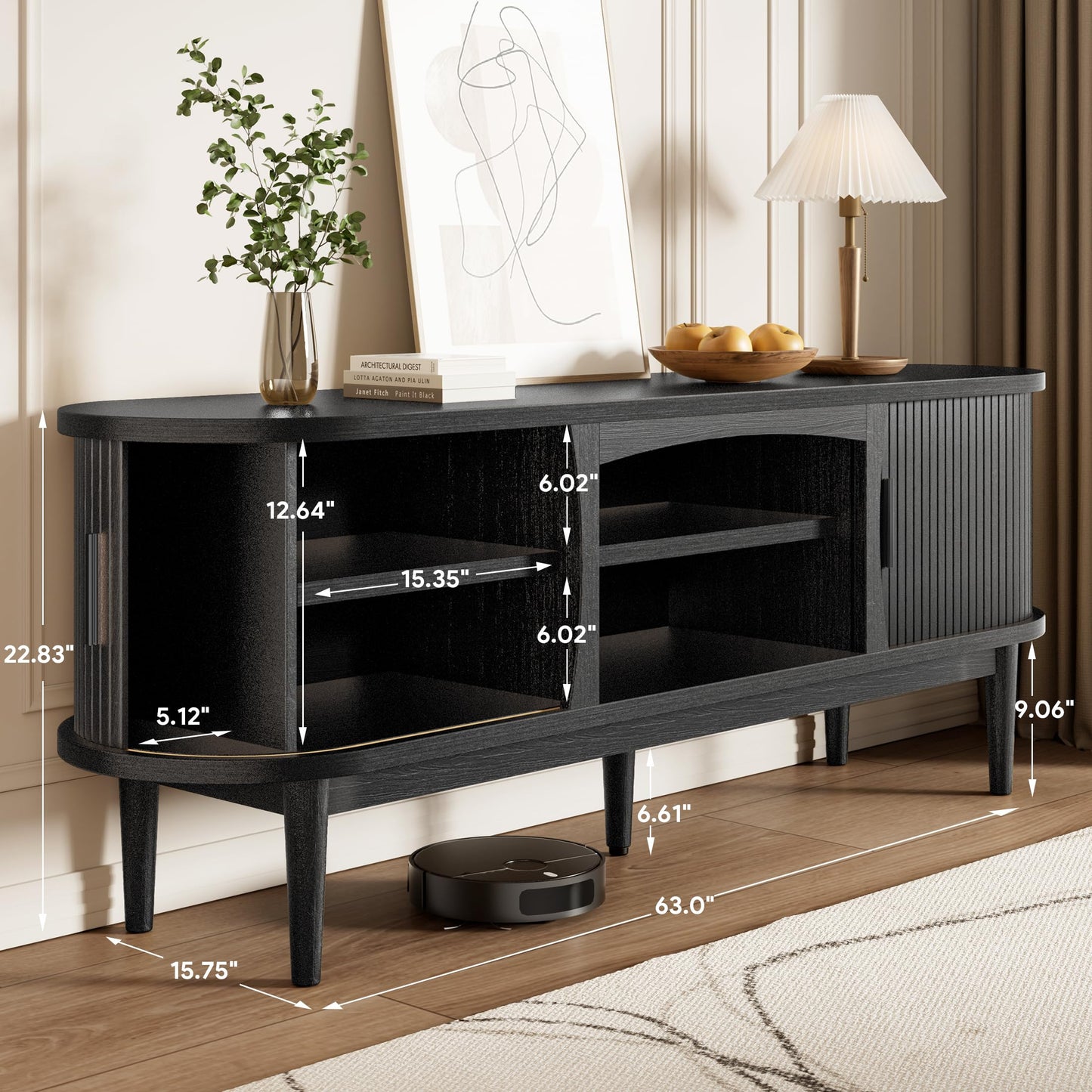 Decofy Mid Century TV Stand for TVs up to 70 Inches, Entertainment Center with Storage, Power Outlet, Fluted Sliding Doors & Adjustable Shelves, Modern Media TV Console Table for Living Room (Black)