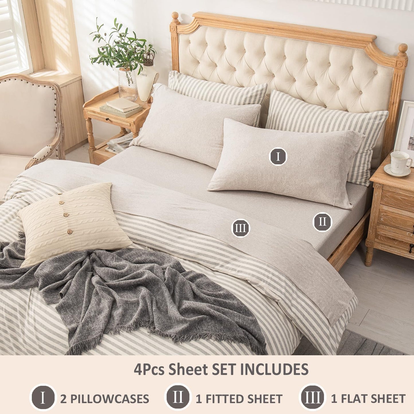 PURE ERA Jersey Knit 4pc Bed Sheet Set 100% T-Shirt Heather Cotton Super Soft Comfy Breathable Fits Mattress Up to 20" Extra Deep Pocket (Heather Beige, Queen)