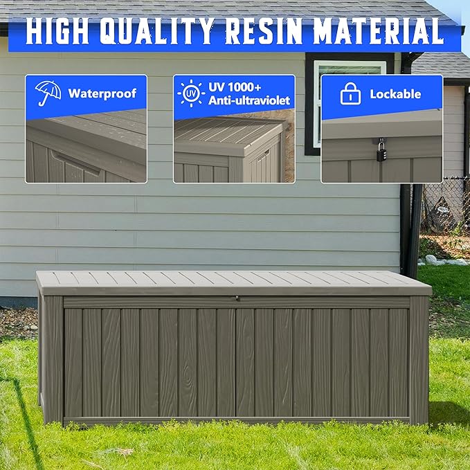 Outdoor Storage Box, Resin Deck Boxes Indoor and outdoor, Waterproof Storage Box Lockable Lid (Grey,200 Gallon)