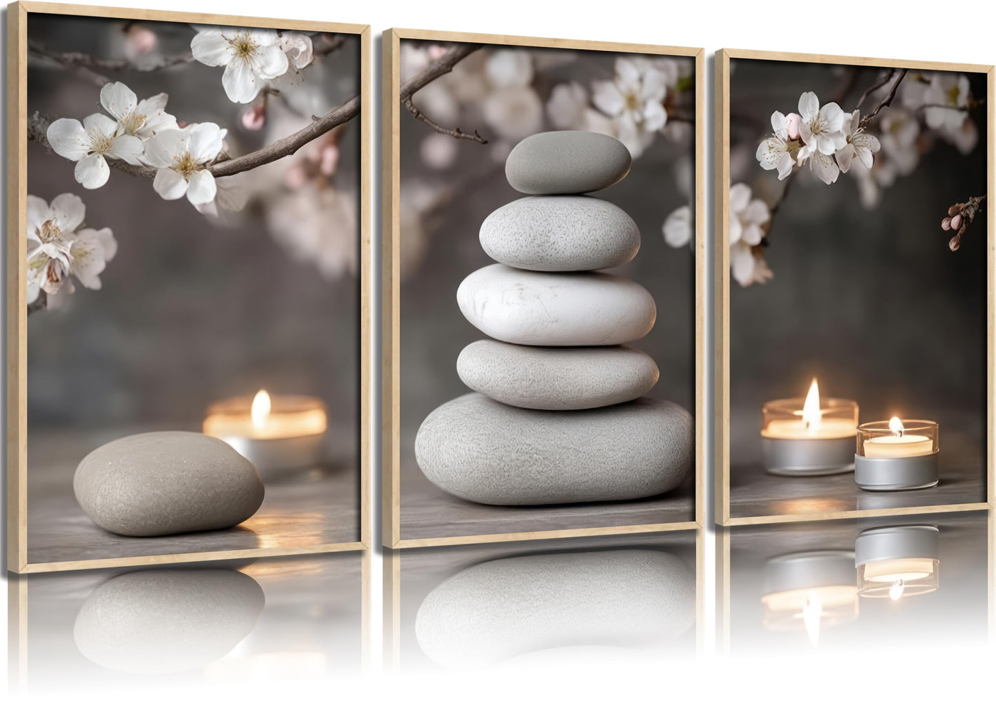ZHJIOFXG 3 Piece Zen Canvas Wall Art Stacked Stones Cherry Blossom Candle Spa Wall Decor Calming Minimalist Neutral Poster Print Art for Bathroom Bedroom Yoga Room Office Living Room 16x24in Unframed