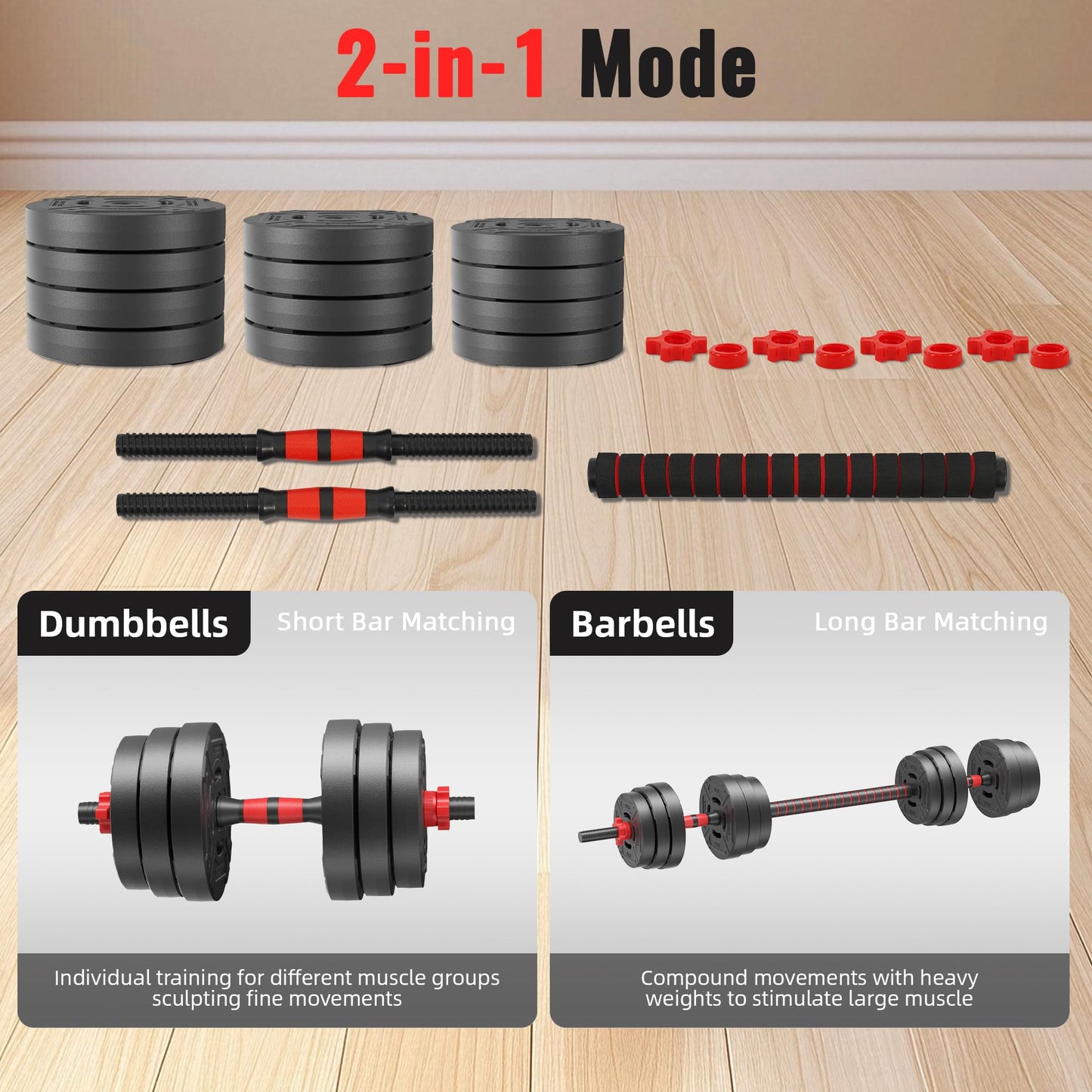 Fitvids Multi-Functional Portable Changeable Dumbbell and Barbell Kettlebell Set with Adjustable Weights, 40LBS or 60LBS Sets, 2-in-1 or 4-in1, Multiple Styles
