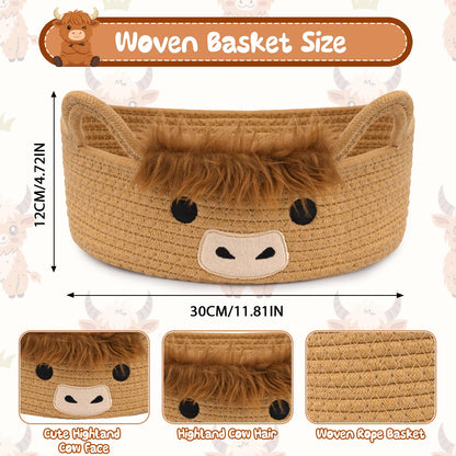 Hkojewp Oval Highland Cute Cow Basket for Nursery, Small Woven Gift Basket, Rope Cotton Storage for Gifts Empty, Baby Shower Blanket 0rganizer with Handles,Towel Decorative Bins, 12"D x 5"H in