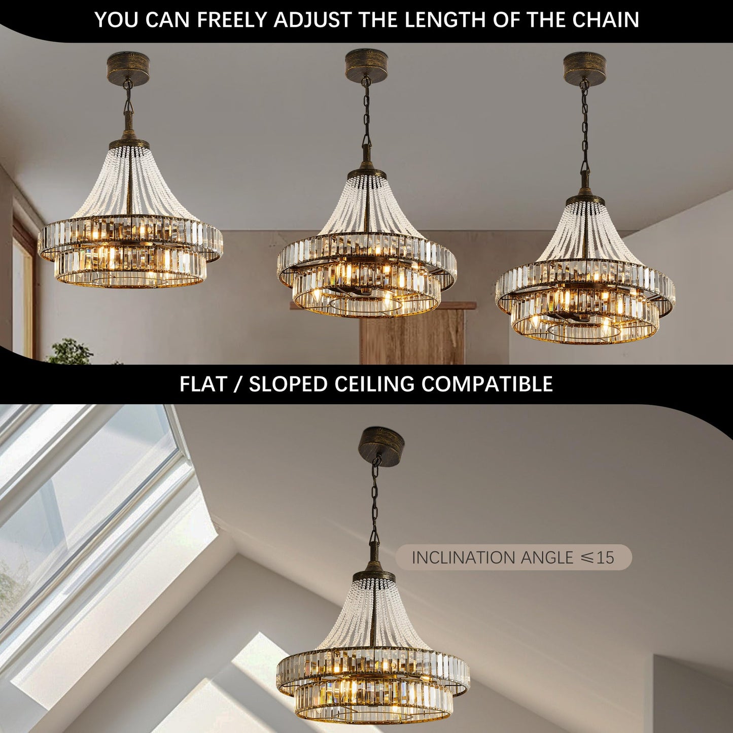 HEMLDAN 24" Modern Crystal Caged Fandelier, Smart Chandelier Fan with Remote and APP Control, Double Layer Ceiling Fan with Light for Dining Living Room Bedroom, Italian Design-Black Gold