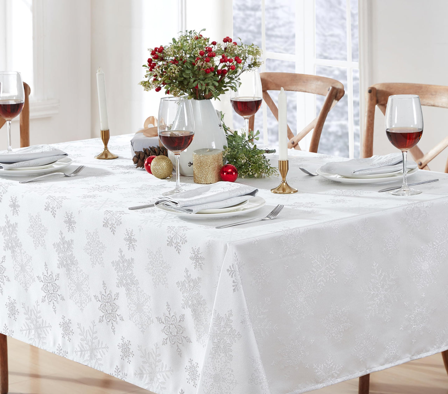 Newbridge Fancy Metallic Snowflake Christmas Fabric Tablecloth, 60 x 84 Inch Rectangle, White Silver, No-Iron Soil Resistant Sparkling Snowflakes Woven Holiday Table Cover